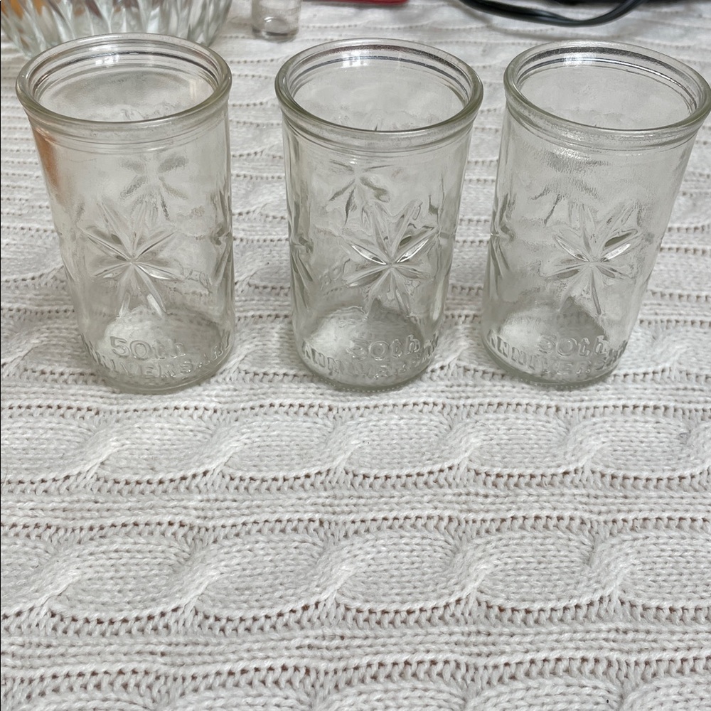 3 VTG Ball Jelly juice jar/glasses, 50th anniversary Ball 1933 to 1983 starburst